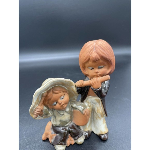 Japan Terracotta Redware Girl Playing Flute, Boy On Banjo Figurine UCTCI Vintage - Picture 2 of 9